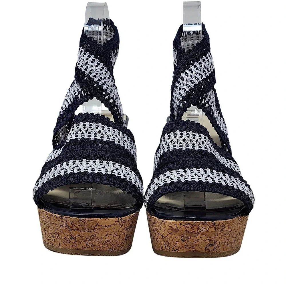 LK‎ Bennett Cork Wedge Sandals 38 7 Womens Navy Blue White Striped Crochet Spain